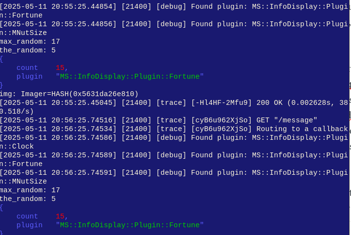 A navy blue terminal screen showing a lot of text, it appears to be loading plugins named Clock, Fortune and MNutSize, then outputting some debugging about an Image object